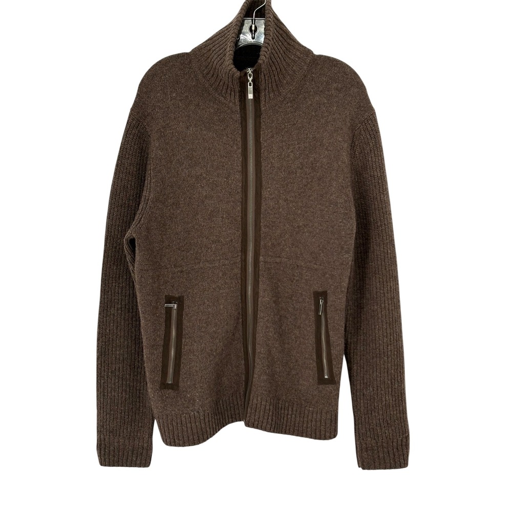 Tasso‎ Elba Full Zip Cardigan Brown 100% Lambswool Ribbed Mock Neck Medium